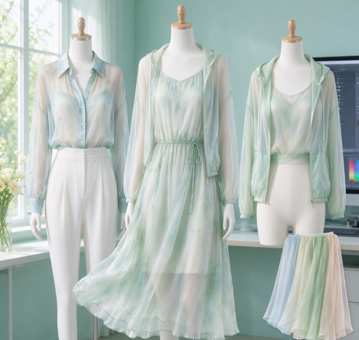 AI Virtual Try-On Model Customization for Lightweight Spring/Summer Apparel; Renderings of Chiffon Shirts and Dresses