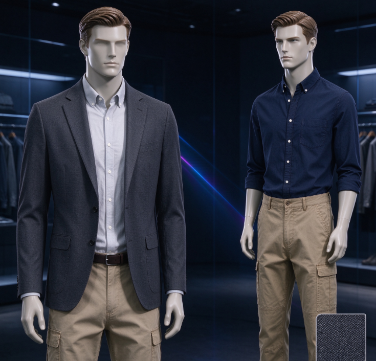 AI Virtual Model Try-On Visualization for Men's Apparel; On-Body Fit Display Generation